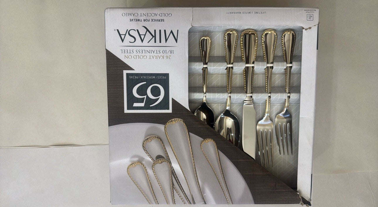 Mikasa 65-Pc Gold Accent 18/10 Stainless Flatware Set Service for 12 – New
