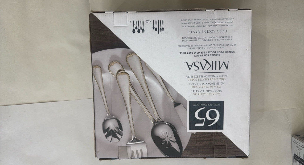 Mikasa 65-Pc Gold Accent 18/10 Stainless Flatware Set Service for 12 – New