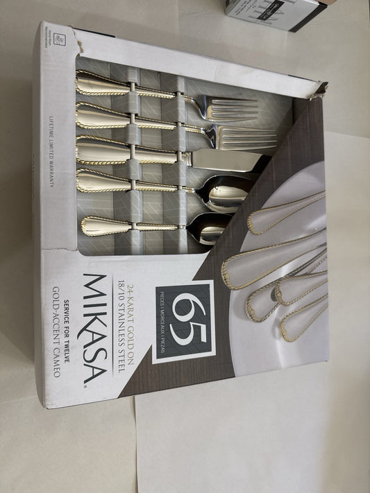 Mikasa 65-Pc Gold Accent 18/10 Stainless Flatware Set Service for 12 – New