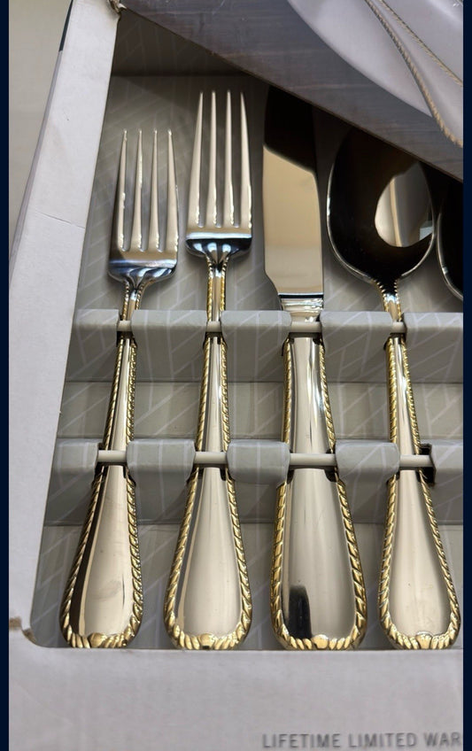 Mikasa 65-Pc Gold Accent 18/10 Stainless Flatware Set Service for 12 – New